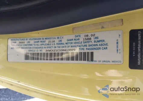 2003 Volkswagen New Beetle Gls 2.0L из США, поврежденный, VIN 3VWCK21C33M413329